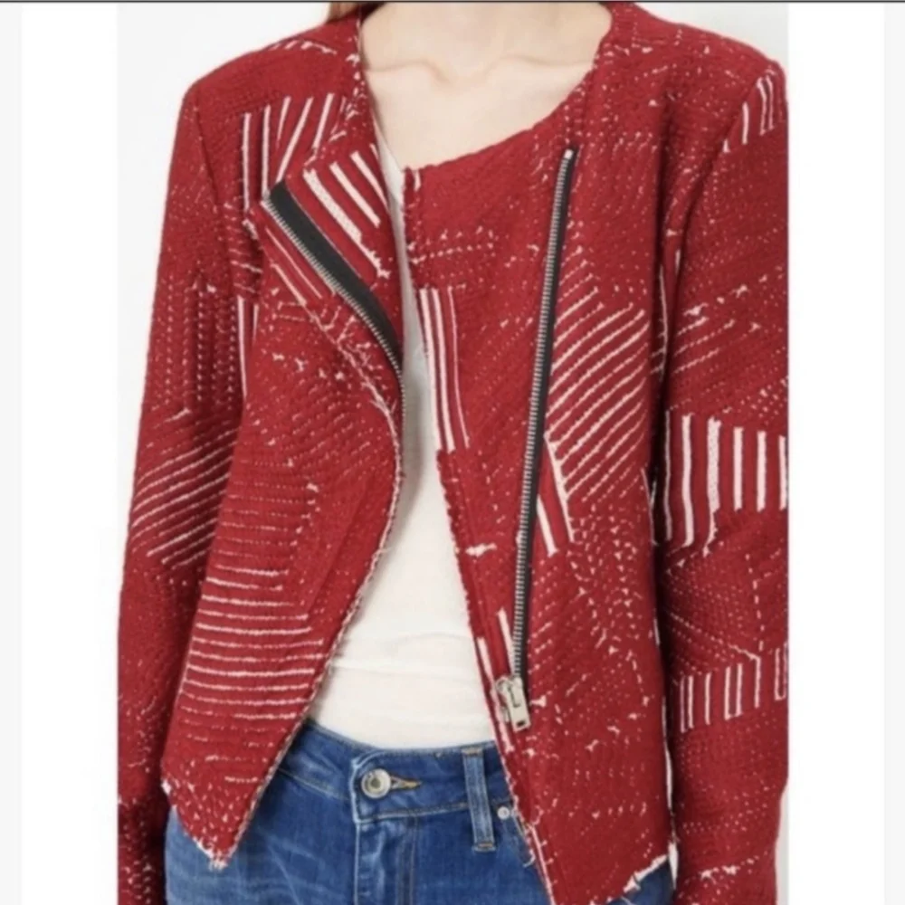 IRO Red Geometric Tweed Boucle Moto Jacket Raw Egde